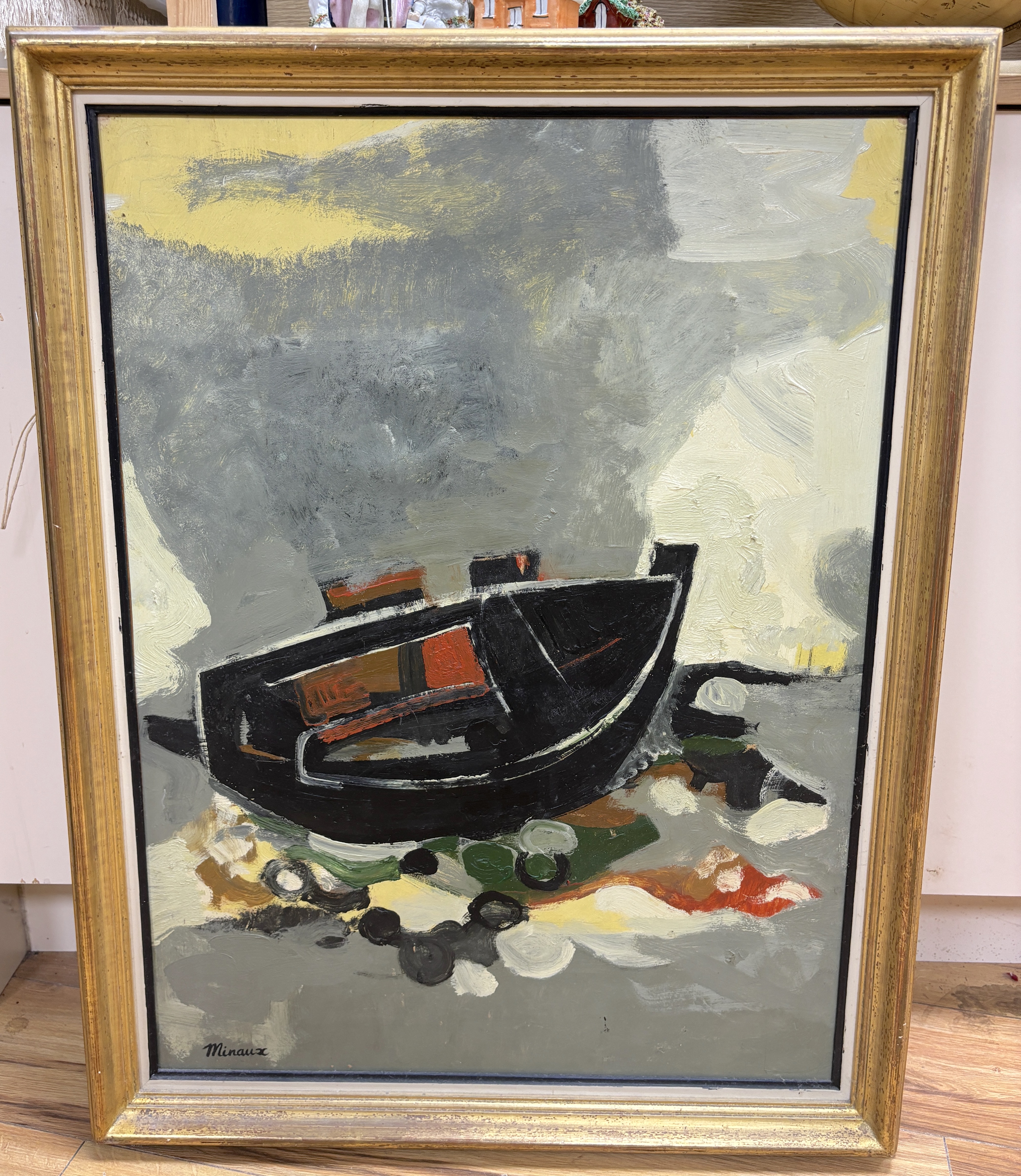 Andre Minaux (French, 1923-1986), oil on canvas, Beached fishing boat, signed, 75 x 55cm